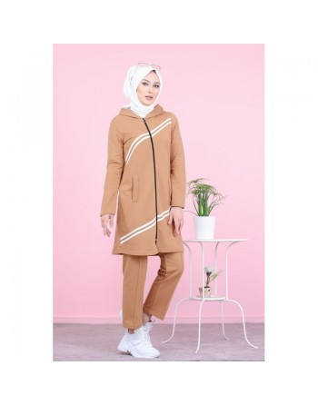 Ensemble survêtement islamique à capuche et bandes blanches pour femme voilée - Couleur biscuit 