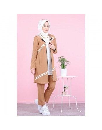 Ensemble survêtement islamique à capuche et bandes blanches pour femme voilée - Couleur biscuit 