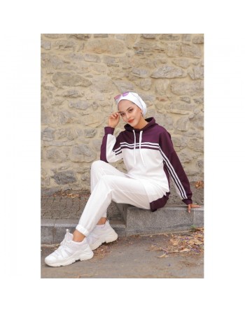 Survêtement femme (Ensemble décontracté deux pièces sweat à capuche et pantalon) - Couleur Blanc et prune 