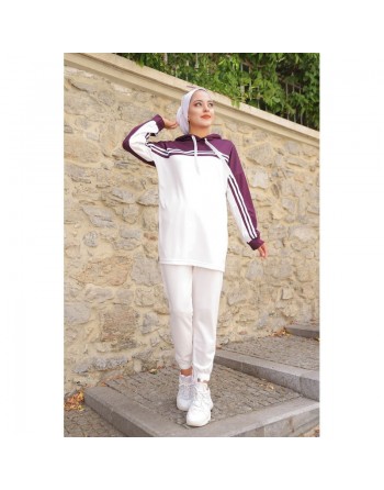 Survêtement femme (Ensemble décontracté deux pièces sweat à capuche et pantalon) - Couleur Blanc et prune 