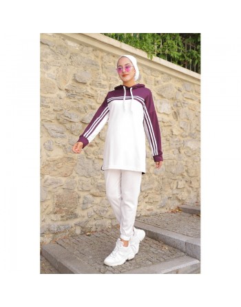 Survêtement femme (Ensemble décontracté deux pièces sweat à capuche et pantalon) - Couleur Blanc et prune 