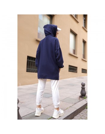Sweat ample avec capuche imprimé pour femme - Couleur bleu marine 