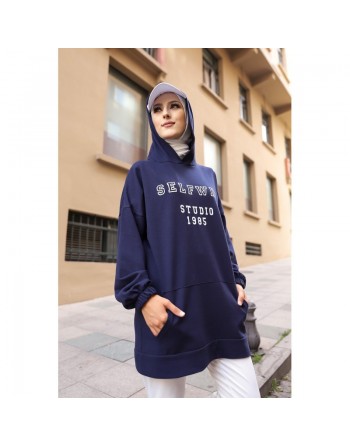Sweat ample avec capuche imprimé pour femme - Couleur bleu marine 