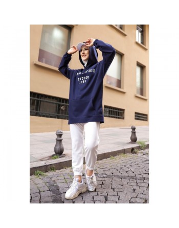 Sweat ample avec capuche imprimé pour femme - Couleur bleu marine 