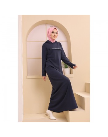 Robe longue style sweat décontracté avec capuche (Hijab et Mode Modeste) - Couleur bleu marine 