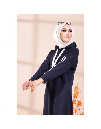 Tunique sweat long avec capuche pour femme (Vetement hijab moderne et sport) - Couleur bleu marine 