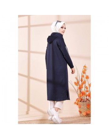 Tunique sweat long avec capuche pour femme (Vetement hijab moderne et sport) - Couleur bleu marine 