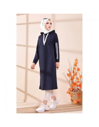 Tunique sweat long avec capuche pour femme (Vetement hijab moderne et sport) - Couleur bleu marine 