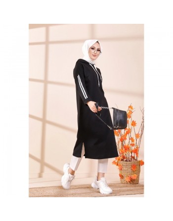 Tunique décontractée avec capuche pour femme (Vetement hijab sport) - Couleur noir 