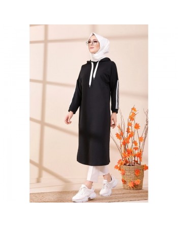 Tunique décontractée avec capuche pour femme (Vetement hijab sport) - Couleur noir 
