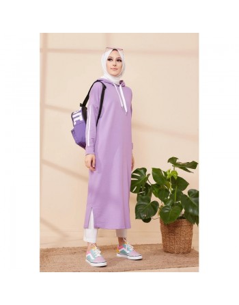 Tunique décontractée avec capuche pour femme (Tenue hijab sport) - Couleur lilas 