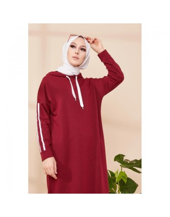 Tunique décontractée avec capuche pour femme (Tenue hijab moderne et sport) - Couleur bordeaux 