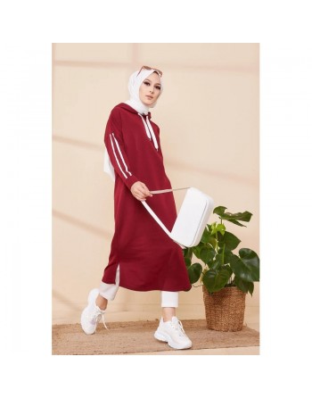 Tunique décontractée avec capuche pour femme (Tenue hijab moderne et sport) - Couleur bordeaux 