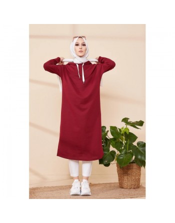 Tunique décontractée avec capuche pour femme (Tenue hijab moderne et sport) - Couleur bordeaux 