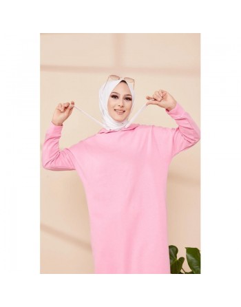 Tunique décontractée avec capuche pour femme (Vetement hijab moderne pour jeune) - Couleur rose 