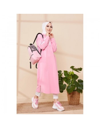 Tunique décontractée avec capuche pour femme (Vetement hijab moderne pour jeune) - Couleur rose 
