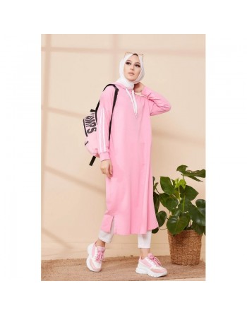 Tunique décontractée avec capuche pour femme (Vetement hijab moderne pour jeune) - Couleur rose 