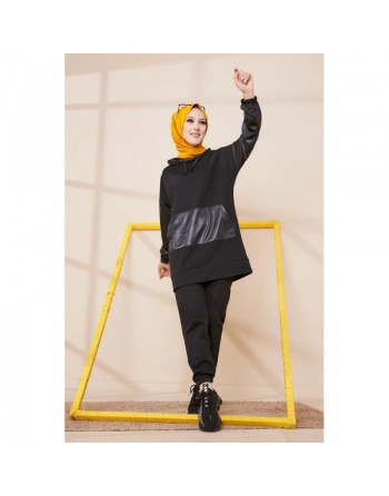 Ensemble décontracté fashion skai (Sweat capuche et pantalon) - Couleur noir 