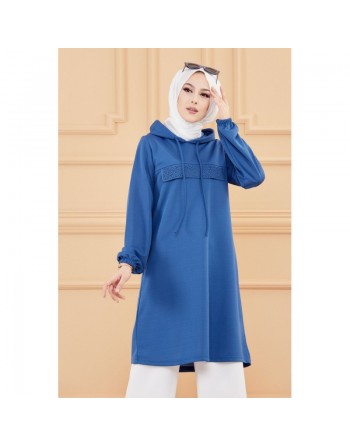 Tunique décontractée avec capuche (Vêtement moderne pour hijab) - Couleur bleu indigo 