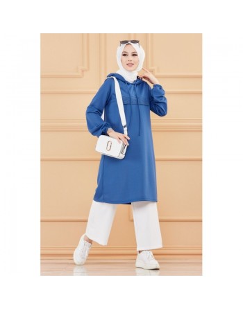 Tunique décontractée avec capuche (Vêtement moderne pour hijab) - Couleur bleu indigo 