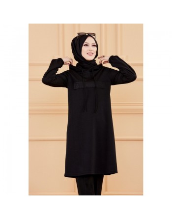 Tunique avec strass et capuche (Vêtement décontracté moderne pour hijab) - Couleur noir 