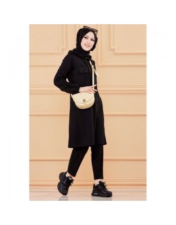 Tunique avec strass et capuche (Vêtement décontracté moderne pour hijab) - Couleur noir 