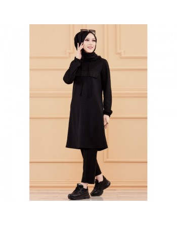 Tunique avec strass et capuche (Vêtement décontracté moderne pour hijab) - Couleur noir 