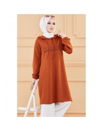 Tunique décontractée avec strass et capuche (Vêtement moderne pour jeune musulmane) - Couleur brique 