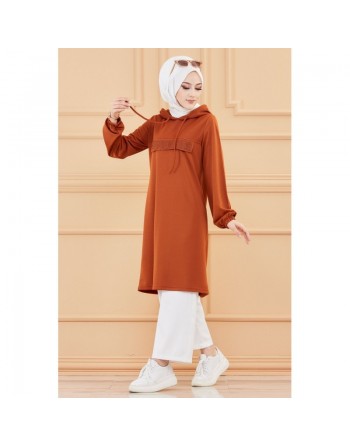 Tunique décontractée avec strass et capuche (Vêtement moderne pour jeune musulmane) - Couleur brique 