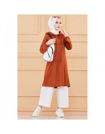 Tunique décontractée avec strass et capuche (Vêtement moderne pour jeune musulmane) - Couleur brique 