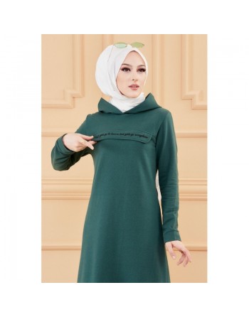Robe longue style sweat avec capuche (Vetement hijab pour musulmane sportive) - Couleur vert émeraude 