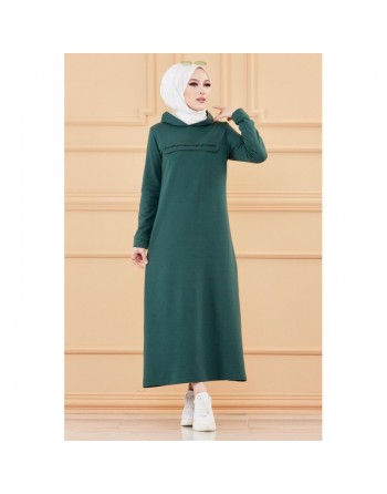 Robe longue style sweat avec capuche (Vetement hijab pour musulmane sportive) - Couleur vert émeraude 