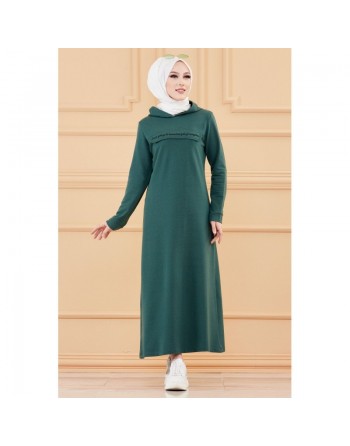 Robe longue style sweat avec capuche (Vetement hijab pour musulmane sportive) - Couleur vert émeraude 