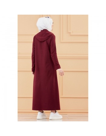 Robe-sweat long décontracté avec capuche (Tenue moderne style sport pour Hijab) - Couleur bordeaux 