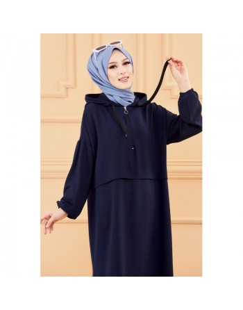 Tunique ample avec capuche (Tenue décontractée pour femme musulmane) - Couleur bleu marine 