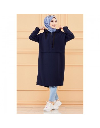 Tunique ample avec capuche (Tenue décontractée pour femme musulmane) - Couleur bleu marine 