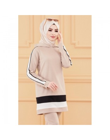 Ensemble décontracté pour femme : Tunique à capuche et Pantalon (Vêtement de sport pour musulmane) - Couleur beige 