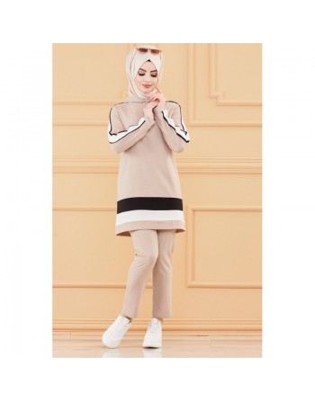 Ensemble décontracté pour femme : Tunique à capuche et Pantalon (Vêtement de sport pour musulmane) - Couleur beige 