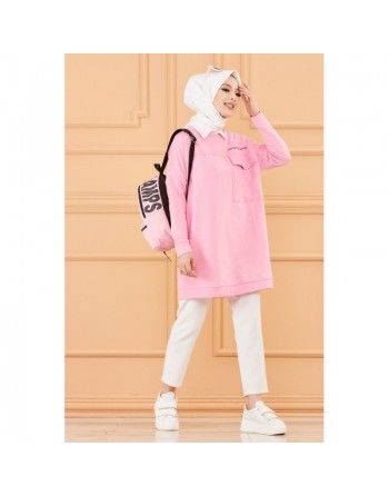 Tunique décontractée avec grande poche (Sweat femme Hijab) - Couleur rose 