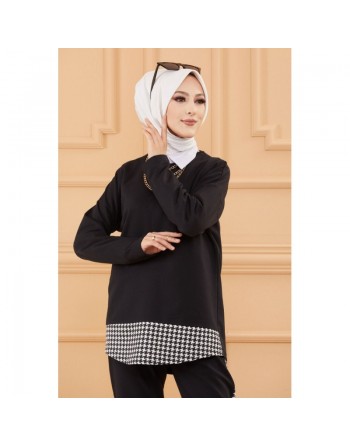 Ensemble décontracté tunique et pantalon pour femme (Vêtement moderne pour hijab) - Couleur noir 