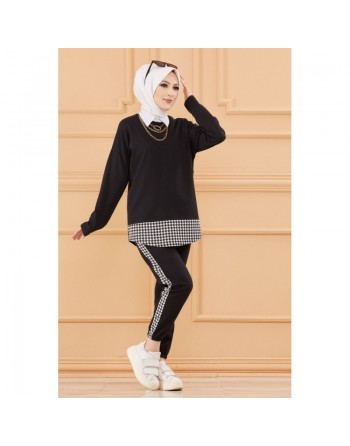 Ensemble décontracté tunique et pantalon pour femme (Vêtement moderne pour hijab) - Couleur noir 