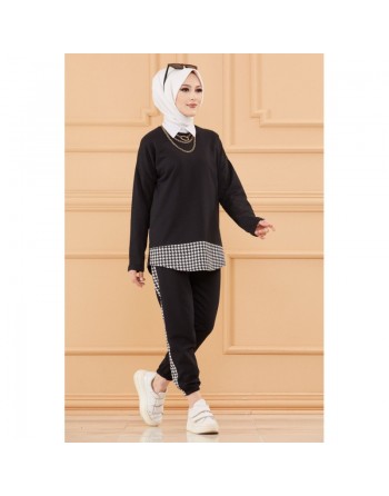 Ensemble décontracté tunique et pantalon pour femme (Vêtement moderne pour hijab) - Couleur noir 