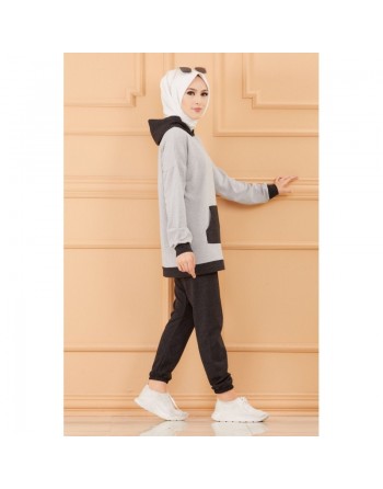 Ensemble survêtement décontracté (Vêtement sport femme voilée) - Couleur gris clair et foncé 