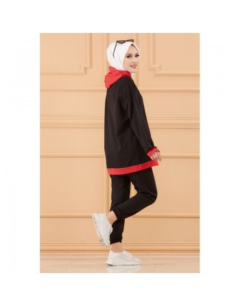 Ensemble survêtement décontracté (Vêtement de sport pour femme voilée) - Tunique couleur noir et pantalon rouge 