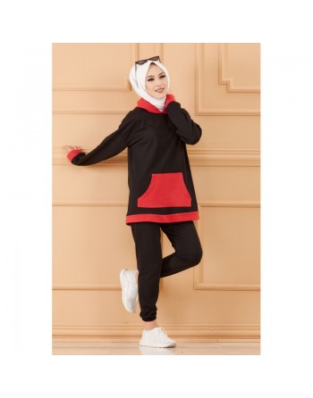 Ensemble survêtement décontracté (Vêtement de sport pour femme voilée) - Tunique couleur noir et pantalon rouge 