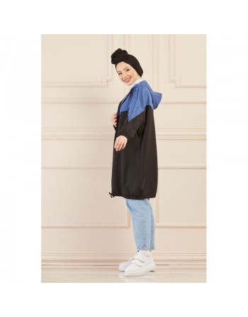 Veste décontractée pour femme - Tunique sport large avec capuche - Couleur noir et bleu indigo 