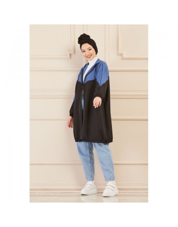 Veste décontractée pour femme - Tunique sport large avec capuche - Couleur noir et bleu indigo 