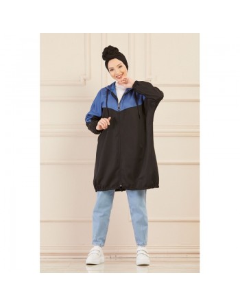 Veste décontractée pour femme - Tunique sport large avec capuche - Couleur noir et bleu indigo 