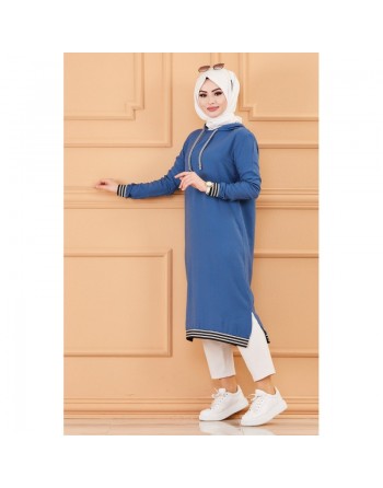 Tunique avec capuche (Tenue style Sportswear pour femme musulmane) - Couleur bleu indigo 