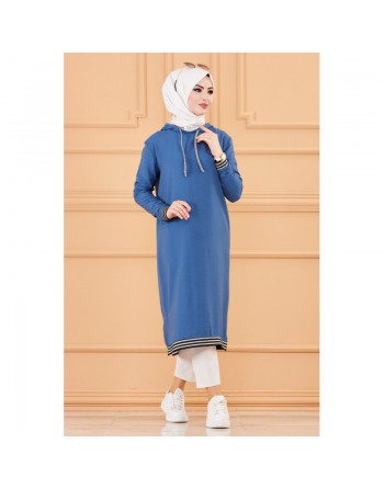 Tunique avec capuche (Tenue style Sportswear pour femme musulmane) - Couleur bleu indigo 
